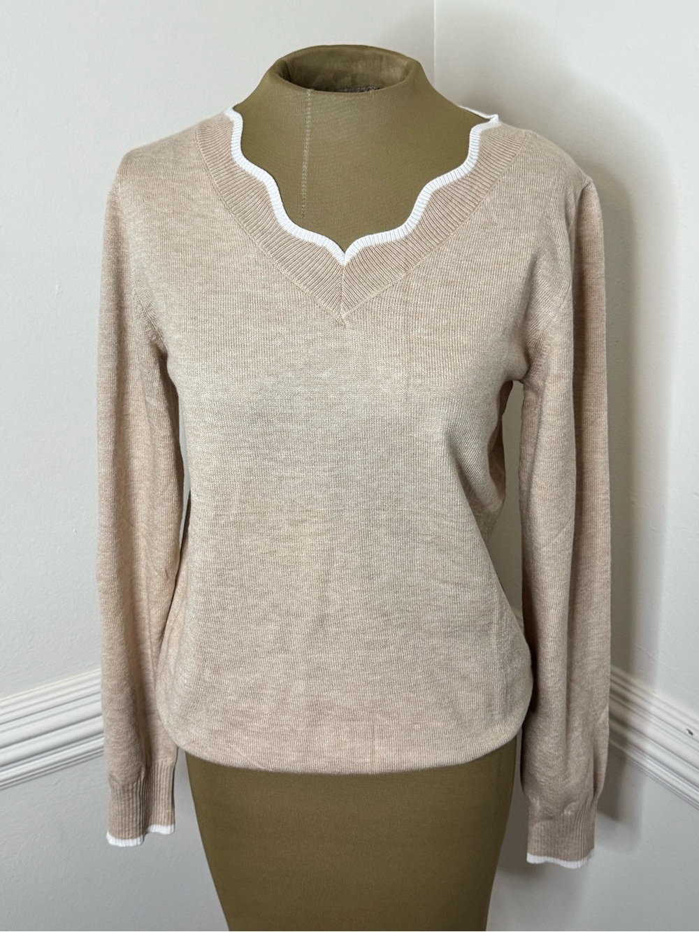 Neutral Scalloped Trim V-Neck Sweater - Beige